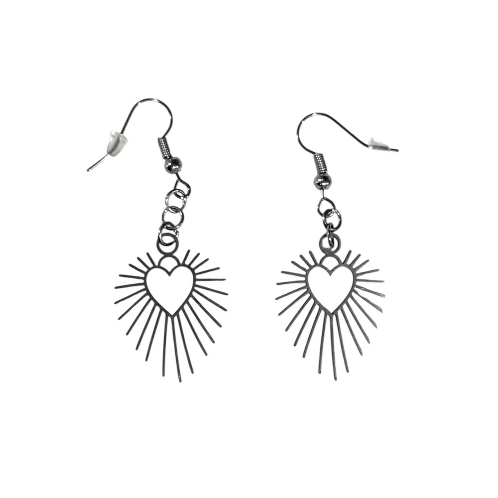 Silver Heart Sunburst Earrings